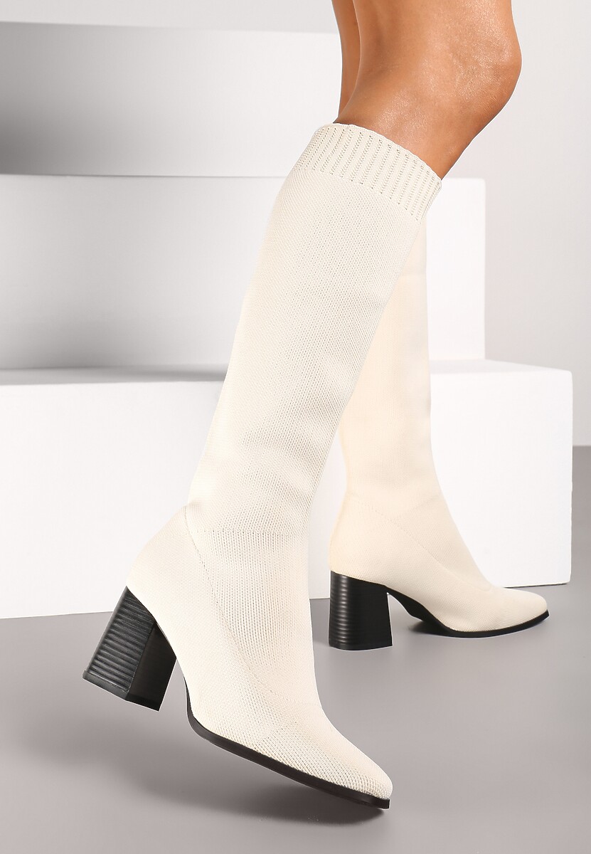 Beżowe Kozaki na Słupku ze Elastyczną Cholewką Ellitra