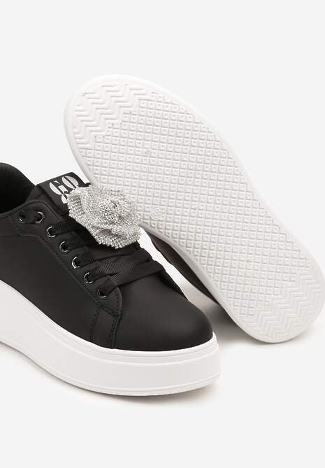 Czarno-Srebrne Sneakersy na Platformie z Aplikacją Kwiatu 3D z Cyrkoniami Navilda
