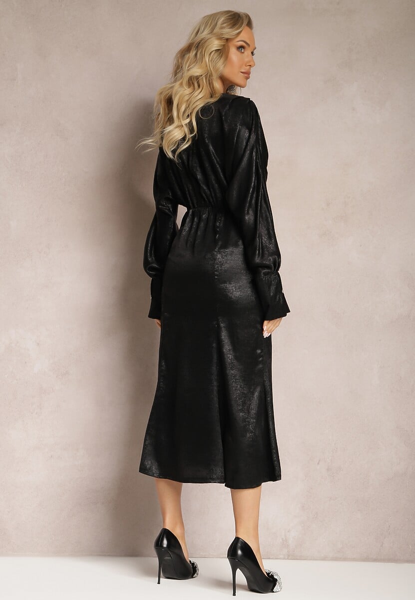 Czarna Sukienka Midi z Gumką w Pasie i Rękawami Nietoperz Botella