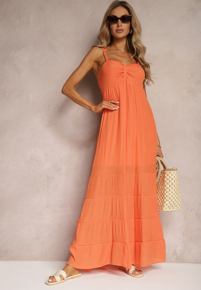 Pomarańczowa Sukienka z Dodatkiem Bawełny na Ramiączkach z Regulacją oraz Gumką z Tyłu Tinanoras