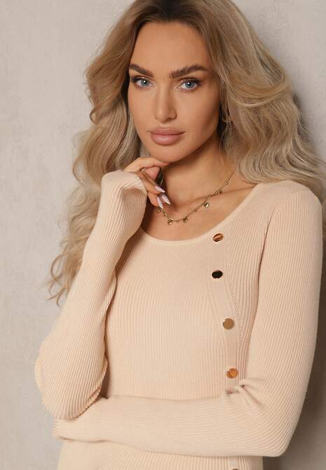 Jasnobeżowy Sweter z Wiskozą Ozdobiony Metalicznymi Aplikacjami Malittia