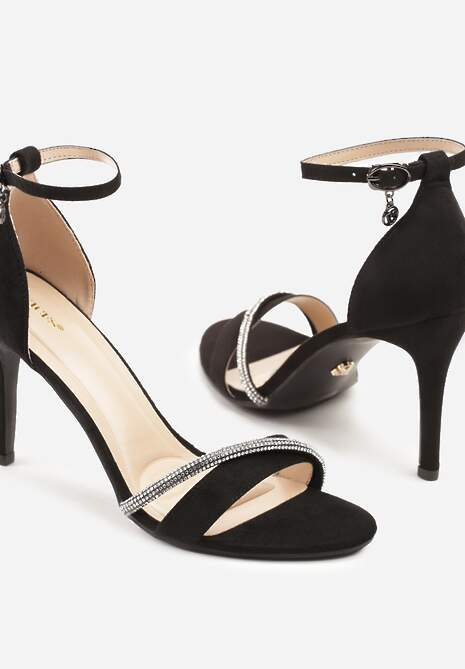 Czarne Sandały na Szpilce Vices Ozdobione Paskiem z Cyrkonii Linarunia