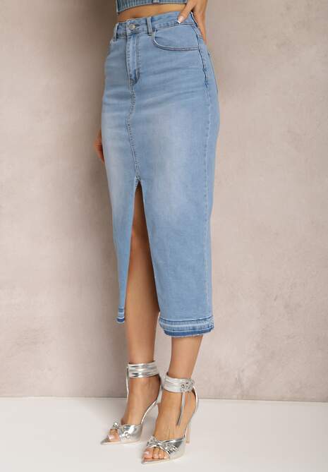 Niebieska Jeansowa Spódnica Midi High Waist z Rozcięciem Lushio