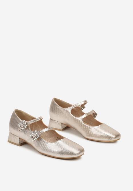 Złote Czółenka Lakierowane z Kwadratowym Noskiem i Klamrami Terinas