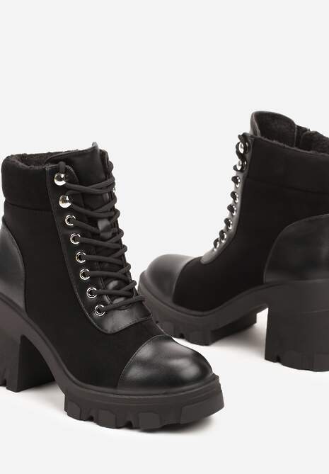 Czarne Botki na Obcasie z Platformą Ozdobione Wstawkami Ezilda