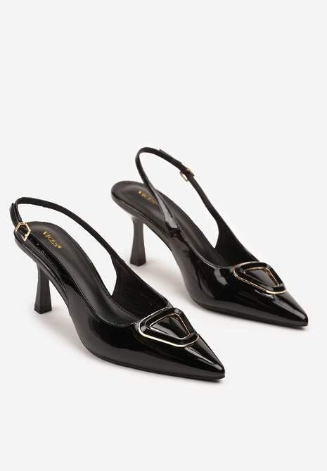 Czarne Czółenka Sandały na Szpilce Vices Slingback Lakierowane z Ozdobą Ataloria