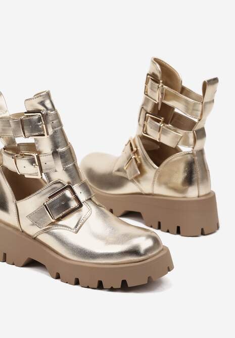 Złote Botki na Grubej Podeszwie Zdobione Wycięciami i Klamrami Seneona