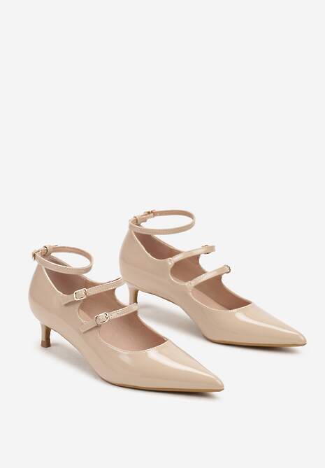 Ciemnobeżowe Czółenka Lakierowane Typu Kaczuszka Wykończone Paseczkami i Sprzączkami Konstisa