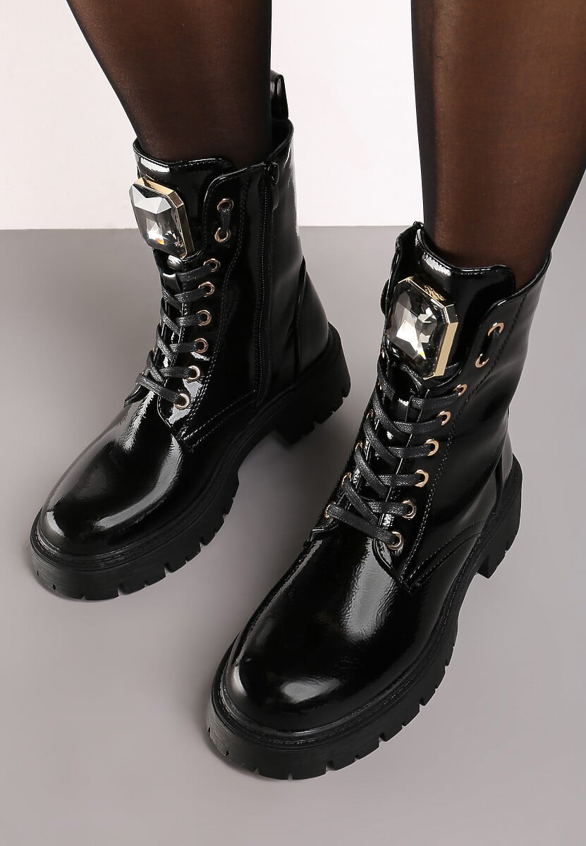 Czarne Sznurowane Botki na Platformie w Stylu Workerów z Aplikacją Kryształka Arrelae
