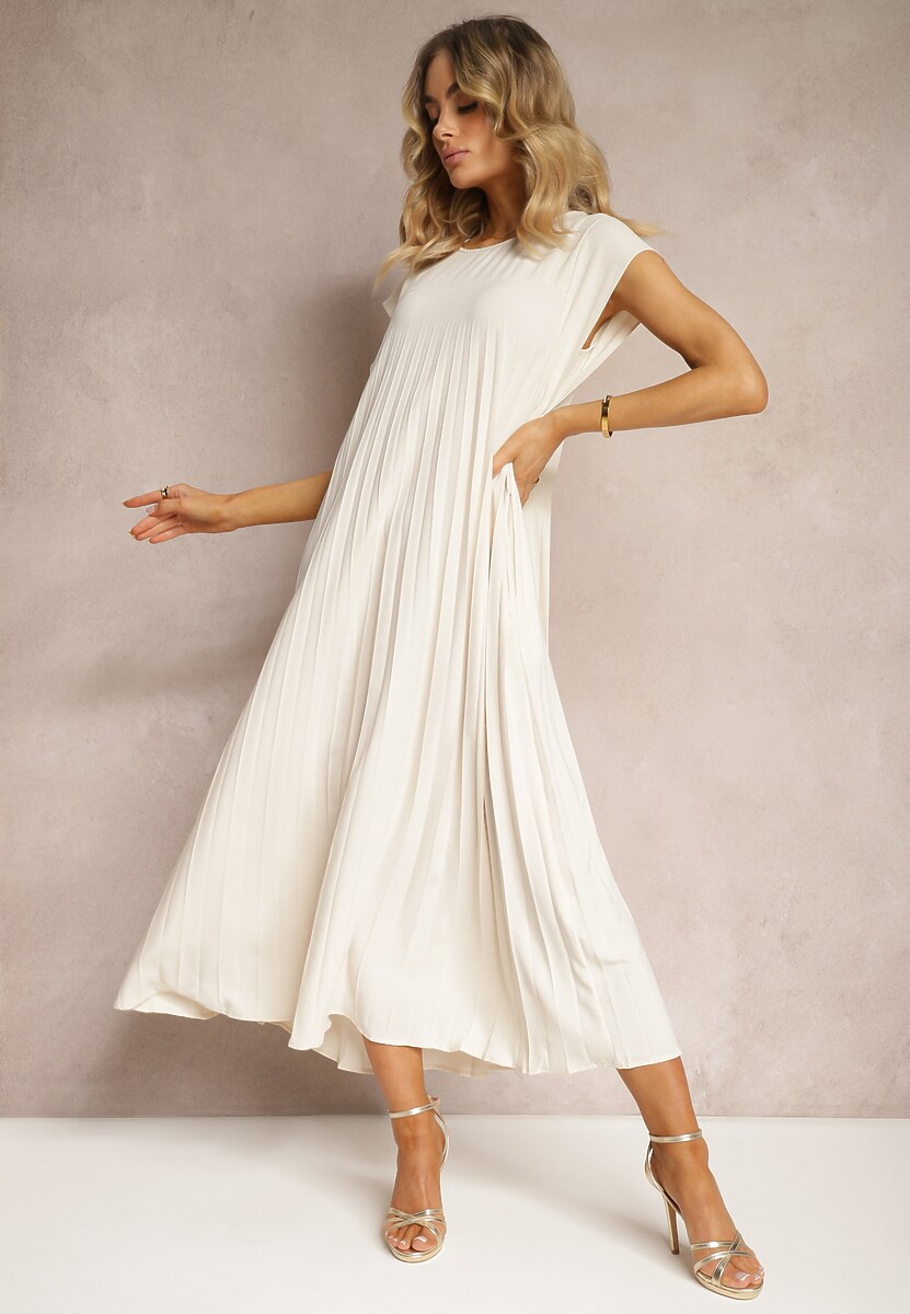 Beżowa Rozkloszowana Sukienka z Plisowaniem i Krótkim Rękawem Hevina