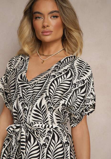 Czarna Sukienka z Wiskozy Ozdobiona Paskiem i Motywem Liści Belozi