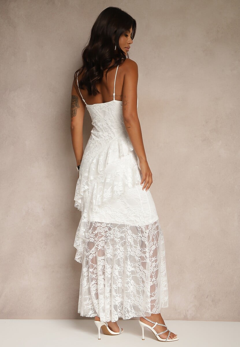 Biała Koronkowa Sukienka na Ramiączkach Ozdobiona Falbankami Silurelle