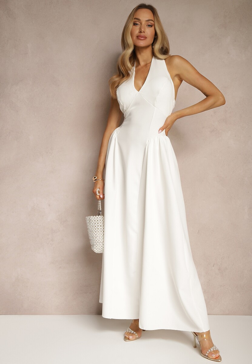 Biała Rozkloszowana Sukienka Halter z Wiązaniem i Odkrytymi Plecami Senicce