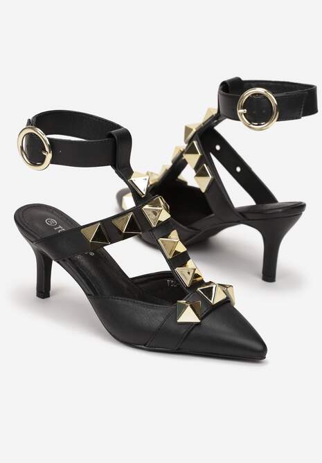 Czarne Sandały na Szpilce z Ćwiekami i Szpiczastym Noskiem Omalia