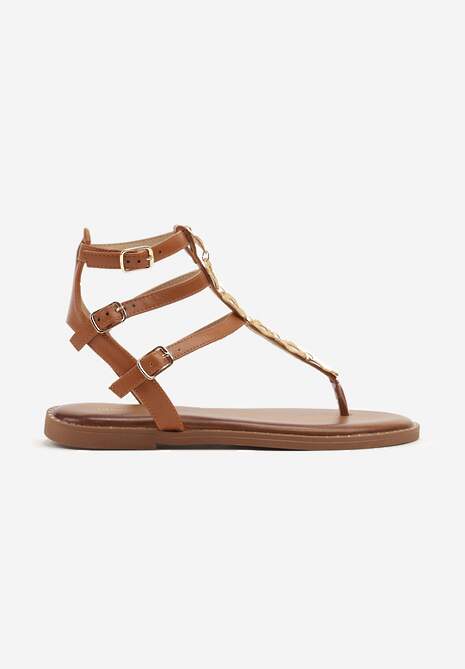 Jasnobrązowe Sandały Rzymianki Ozdobione Metalicznymi Aplikacjami Ciarivra
