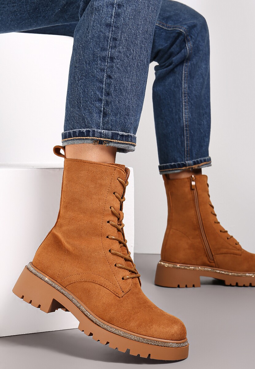 Brązowe Botki Zdobione Paskiem z Cyrkoniami Lyra