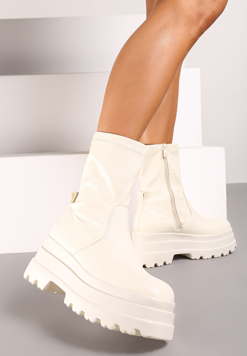 Beżowe Botki na Podwójnej Platformie z Przylegającą Cholewką Belariel