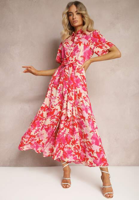 Czerwono-Różowa Koszulowa Sukienka w Kwiaty z Krótkim Rękawem i Materiałowym Paskiem Moahia