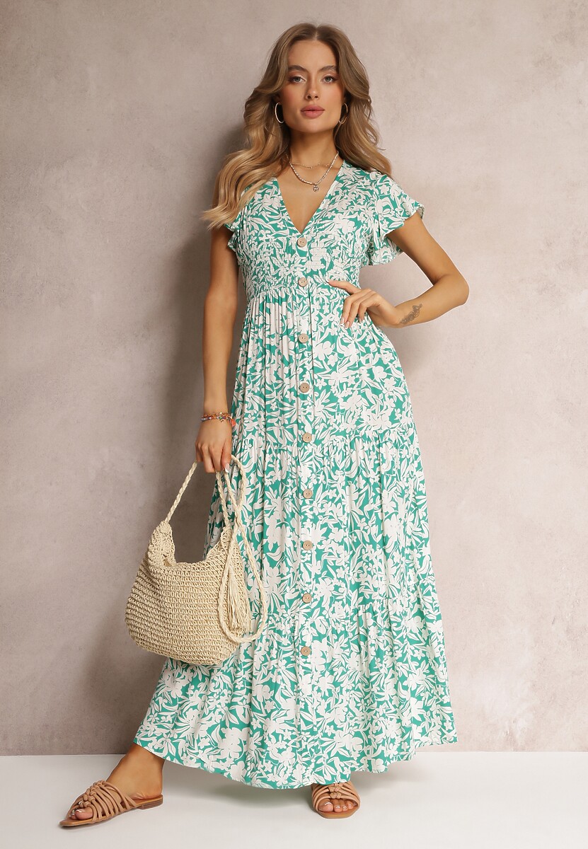 Jasnozielono-Biała Wiskozowa Sukienka Maxi z Gumką w Talii i Falbankami Maethia