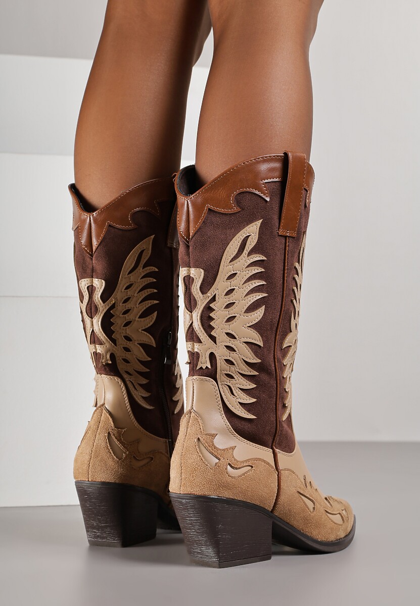 Brązowe Botki Kowbojki na Stożku z Tłoczoną Cholewką Badilora