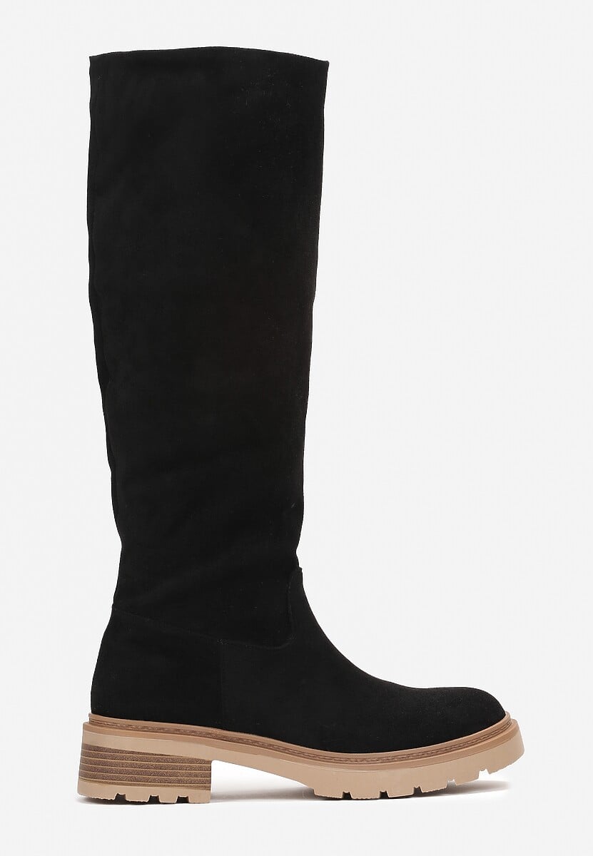 Czarne Płaskie Kozaki z Futerkiem Typu Baranek Wewnątrz Caliares