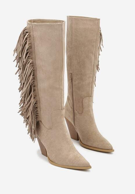 Ciemnobeżowe Kozaki Kowbojki z Imitacji Zamszu z Frędzlami i Stożkowym Obcasem Rafilea