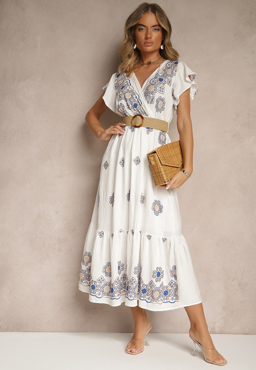 Biało-Zielona Sukienka z Wiskozy Ozdobiona Paskiem i Haftem Nilorelle