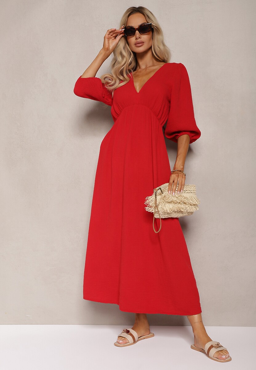 Czerwona Sukienka z Bawełny Ozdobiona Wiązaniem i Gumką w Pasie Wlarina