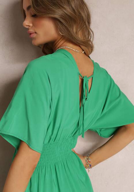 Zielona Gładka Sukienka z Gumką i Wiązaniem w Pasie z Wiskozy Lessisa