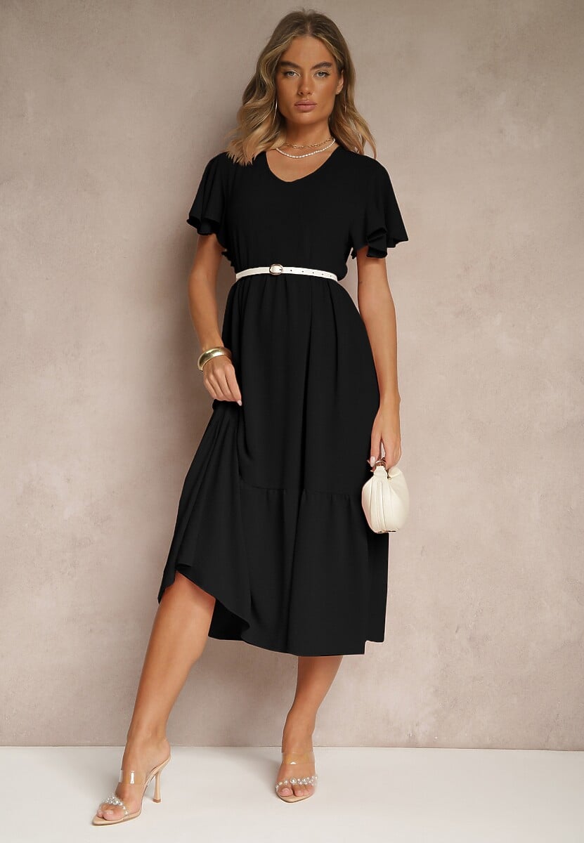 Czarna Rozkloszowana Sukienka z Wiskozą w Casualowym Stylu Filarenna