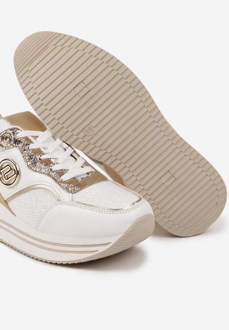 Biało-Złote Sneakersy z Metalicznymi Zdobieniami na Platformie Gonnella