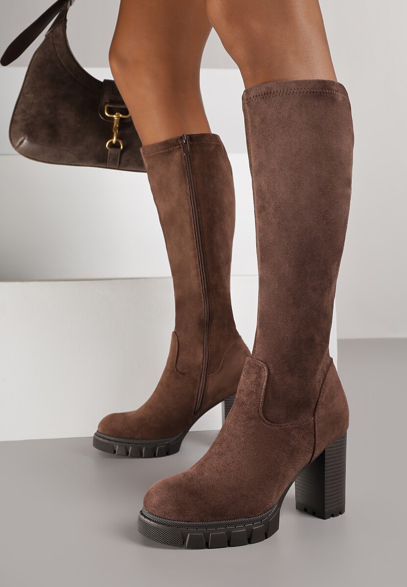 Czarne Kozaki z Imitacji Zamszu na Obcasie Typu Słupek Rilaresa