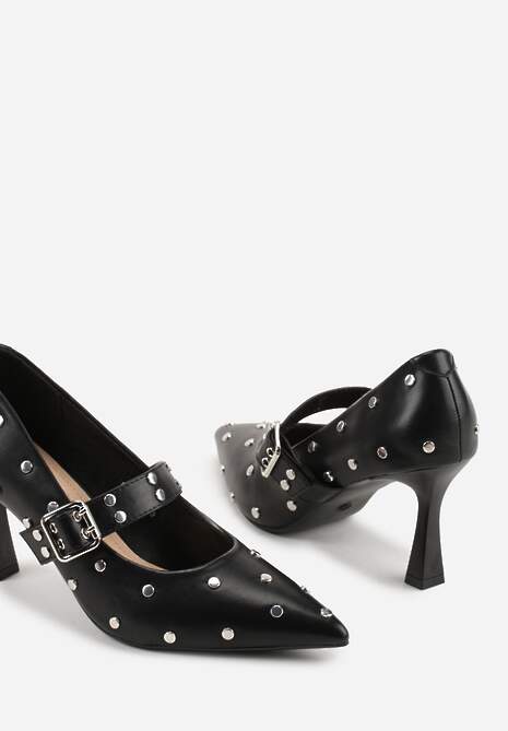 Czarne Czółenka Vices na Szpilce z Wkładką ze Skóry Naturalnej Ozdobione Nitami Rileinea