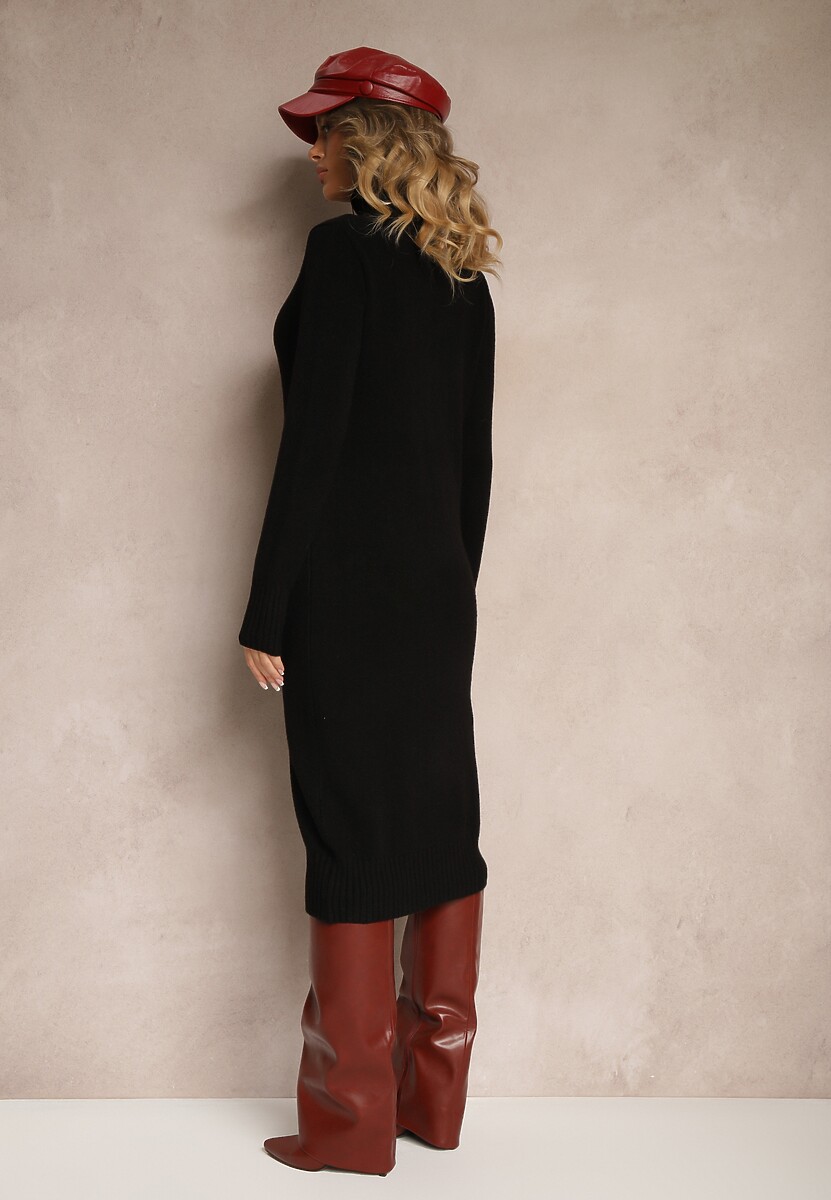 Czarna Sukienka Sweterkowa z Golfem Wełną i Bawełną Kilara