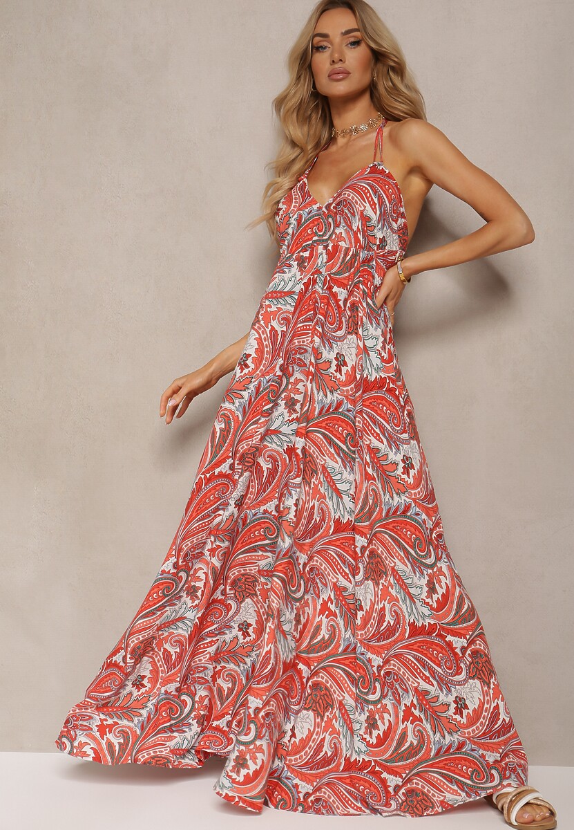 Pomarańczowa Sukienka z Wiskozy Wiązana na Szyi ze Ściągaczem pod Biustem Xerbia