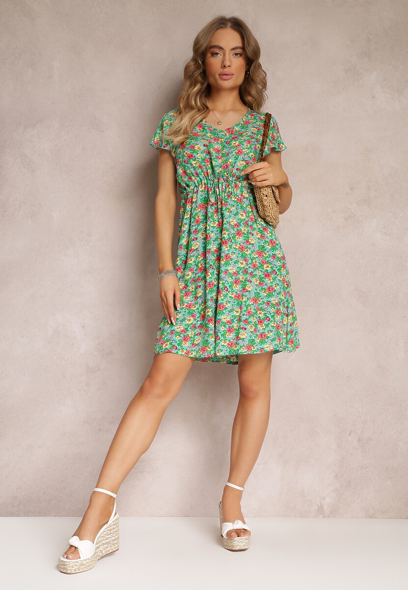 Miętowo-Zielona Kwiecista Sukienka Mini z Wiskozy z Krótkim Rękawem Ayela