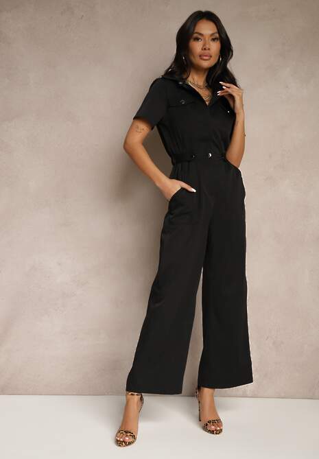Czarny Kombinezon Wide Leg z Kołnierzykiem Suwakiem i Krótkim Rękawem Jenaralitia