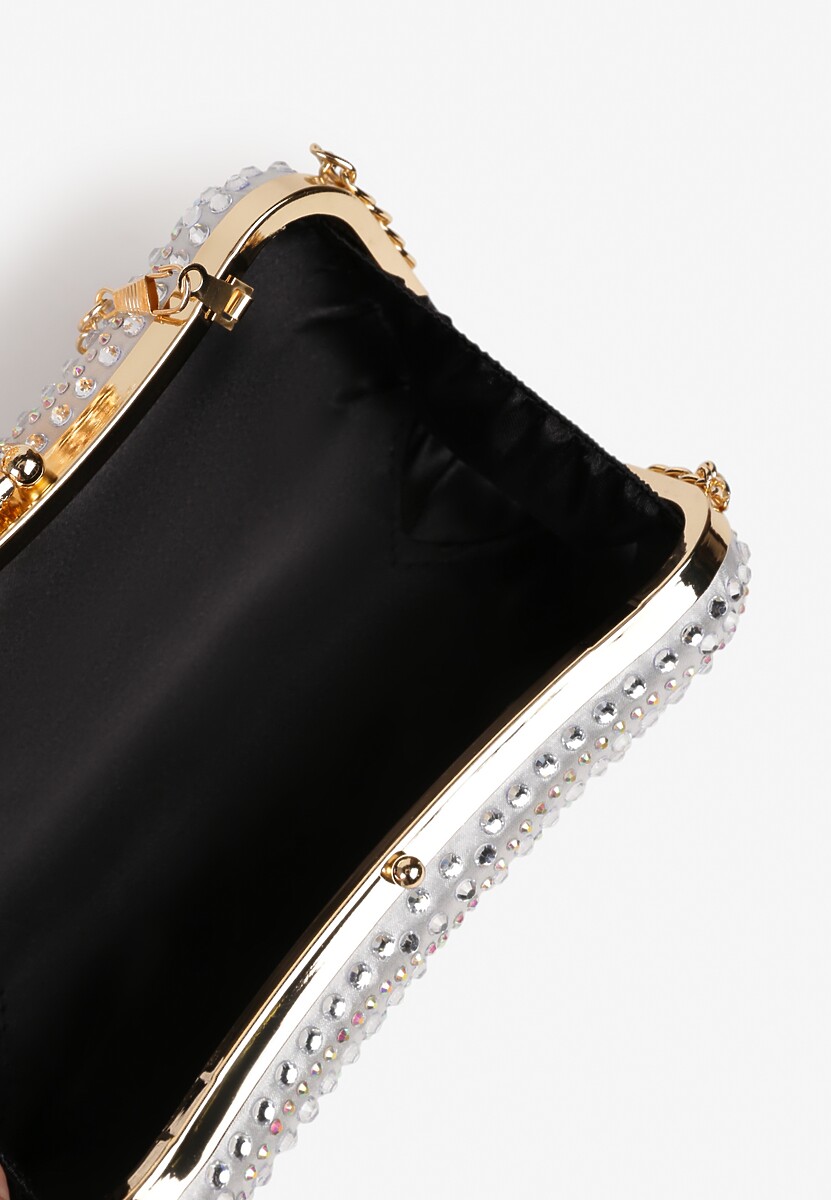 Srebrna Torebka Kopertówka z Łańcuszkiem Zdobiona Cyrkoniami i Kwiatową Aplikacją Fessaluna