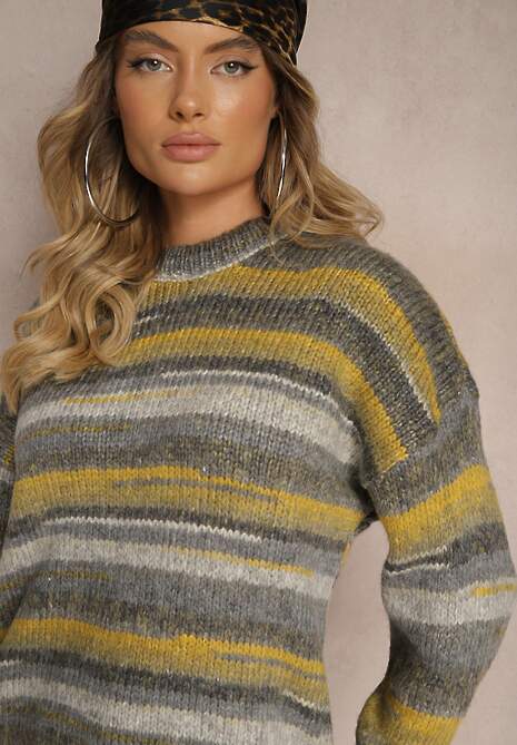 Szaro-Zielony Sweter Ozdobiony Poziomymi Paskami Atorila