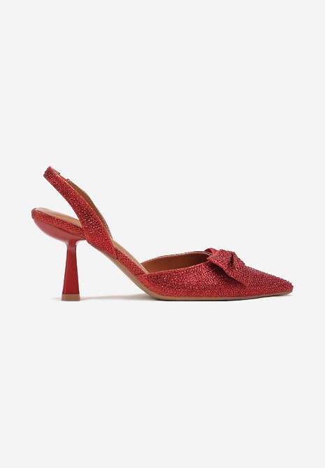 Czerwone Czółenka Wykończone Brokatem i Kokardą bez Pięty Deramla