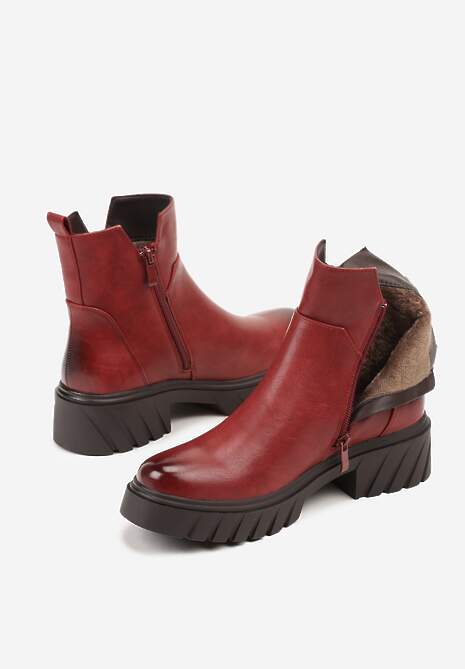 Czerwone Botki do Kostki z Suwakiem na Grubej Podeszwie z Tłoczeniami Redvira