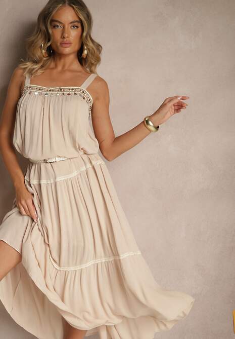 Beżowa Rozkloszowana Sukienka z Wiskozy z Metalicznymi Aplikacjami Sevinda