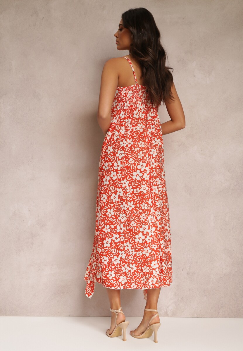 Pomarańczowa Sukienka Maxi z Dłuższym Tyłem na Cienkich Ramiączkach Stanisa