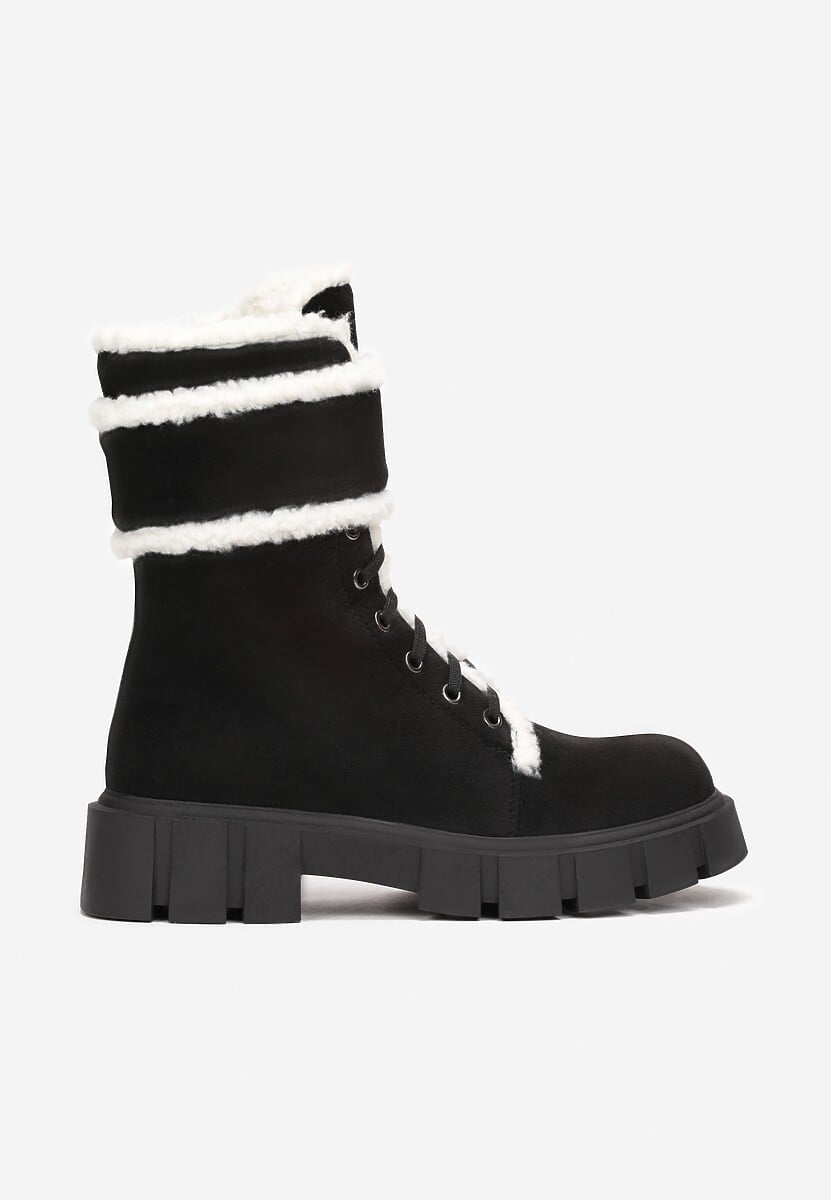 Czarno-Beżowe Botki Workery z Futrzanymi Lamówkami Freekolo