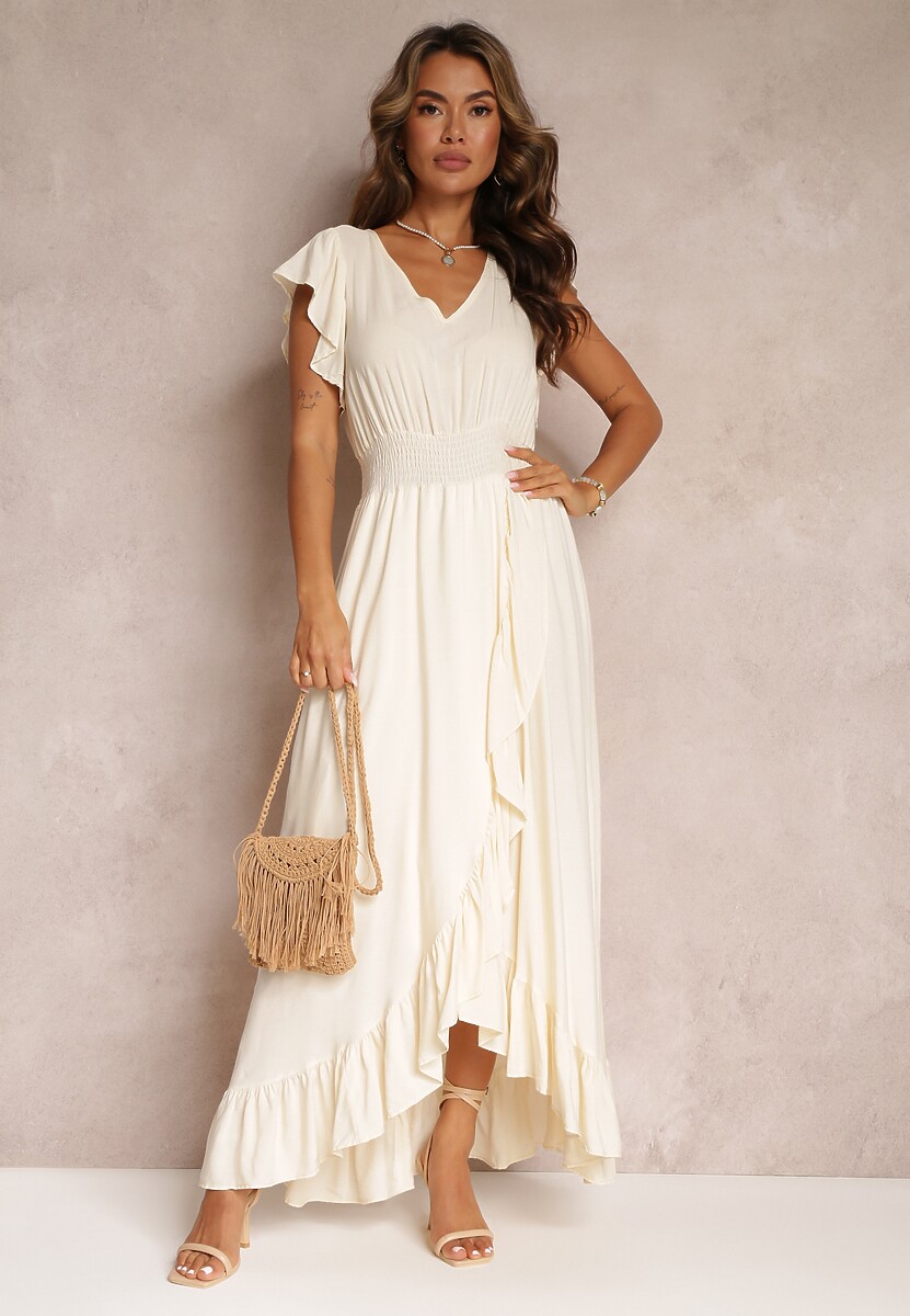 Zielona Kopertowa Sukienka z Wiskozy Ozdobiona Falbanką Carnovie