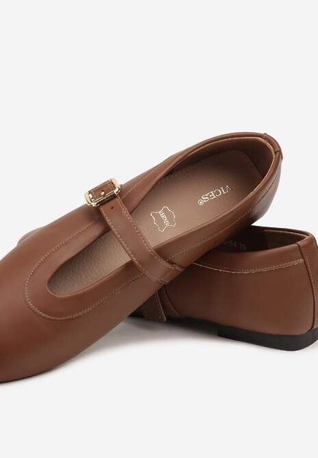 Brązowe Balerinki Vices w Stylu Mary Jane z Klamerką i Skórzaną Wkładką Dimaline