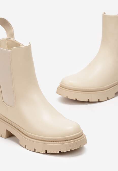Beżowe Botki Sztyblety na Grubej Podeszwie z Ćwiekami Halinne