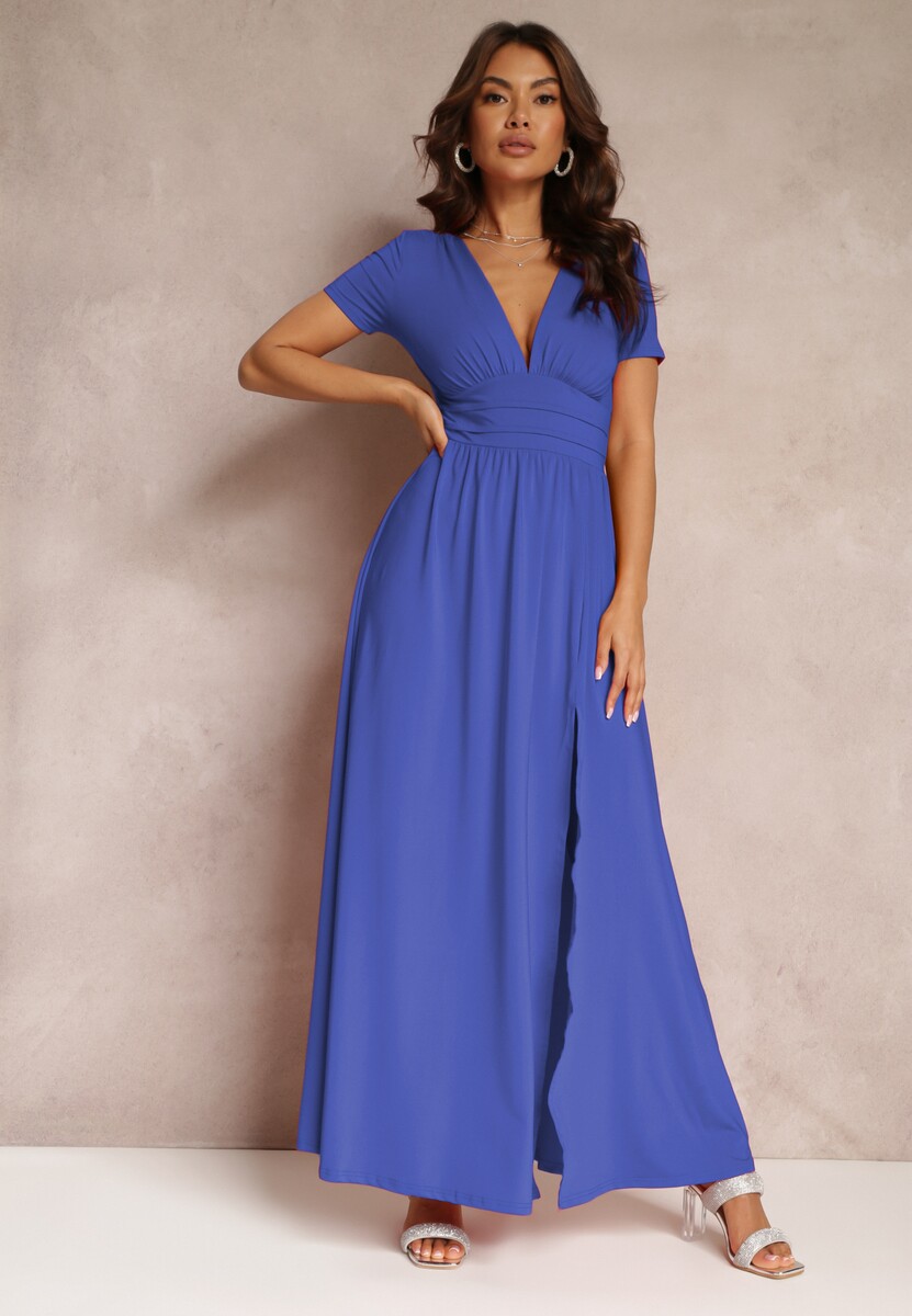 Jasnoniebieska Sukienka Maxi z Rozkloszowanym Dołem i Rozcięciem Zarya