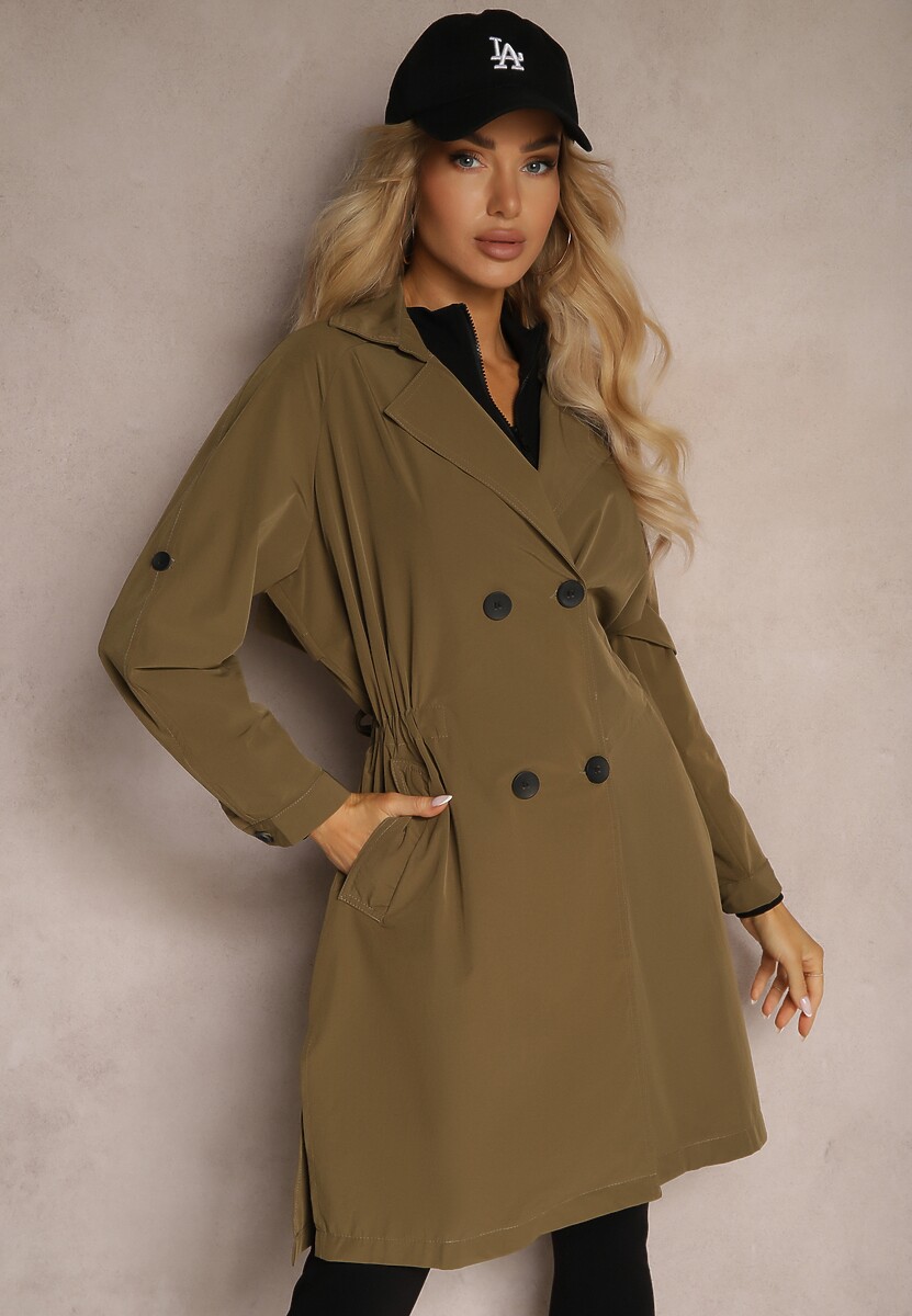 Beżowy Płaszcz Dwurzędowy z Dodatkiem Bawełny Wykończony Paskiem i Rękawami z Regulacją Mevessa