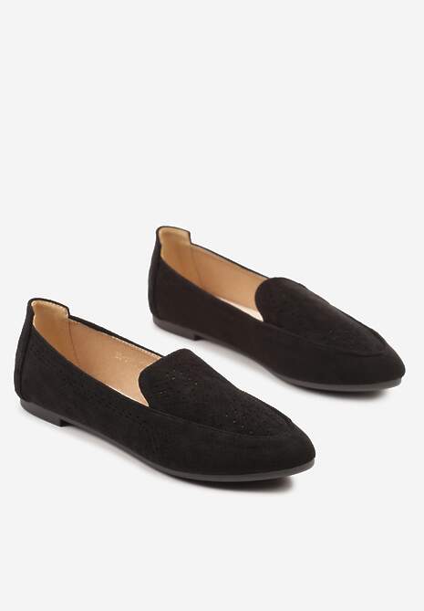 Czarne Ażurowe Mokasyny Balerinki z Wkładką ze Skóry Naturalnej Ollana